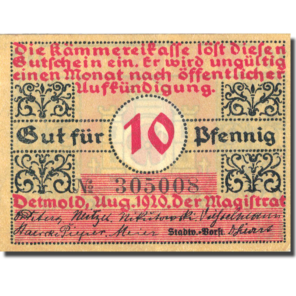 Banknote, Germany, Detmold, 10 Pfennig, château, 1920, UNC(63), Mehl:268.9