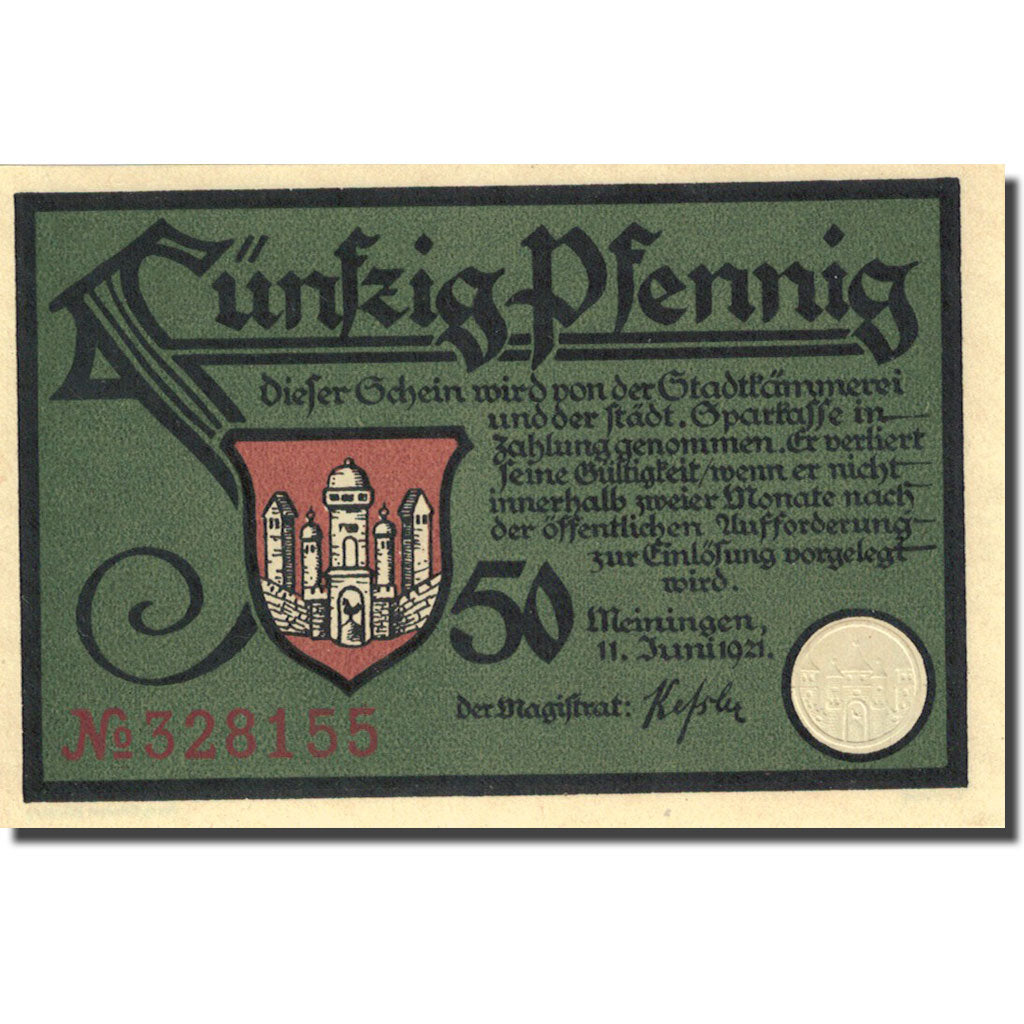 Billet, Allemagne, Meiningen, 50 Pfennig, personnage 1921-06-11 SPL Mehl 877.1