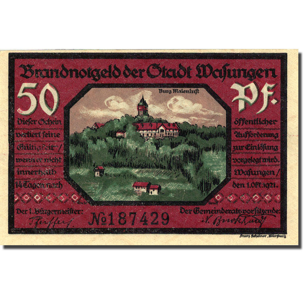 Banknote, Germany, Wasungen, 50 Pfennig, Incendie, 1921 UNC(63) Mehl 1384.1