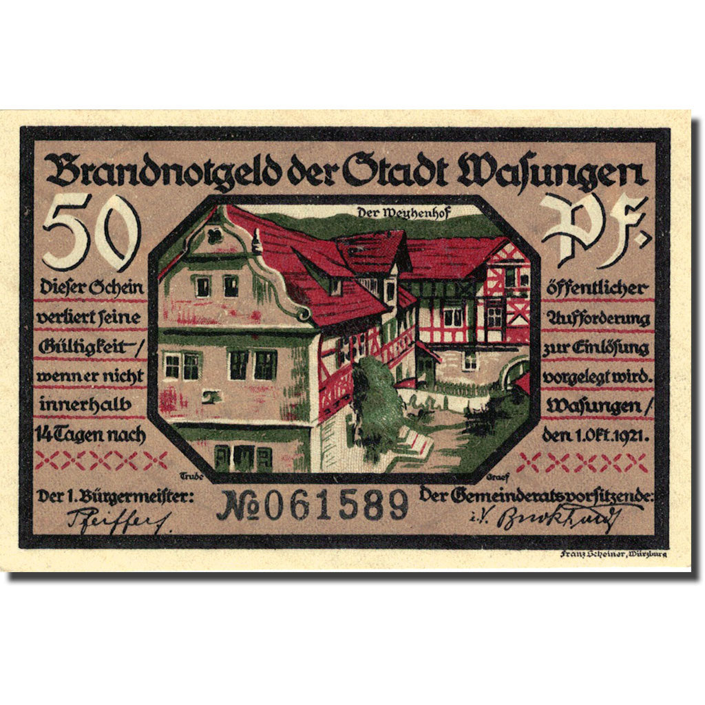 Banknote, Germany Wasungen 50 Pfennig Incendie 2, 1921-10-01 UNC(63) Mehl 1384.1
