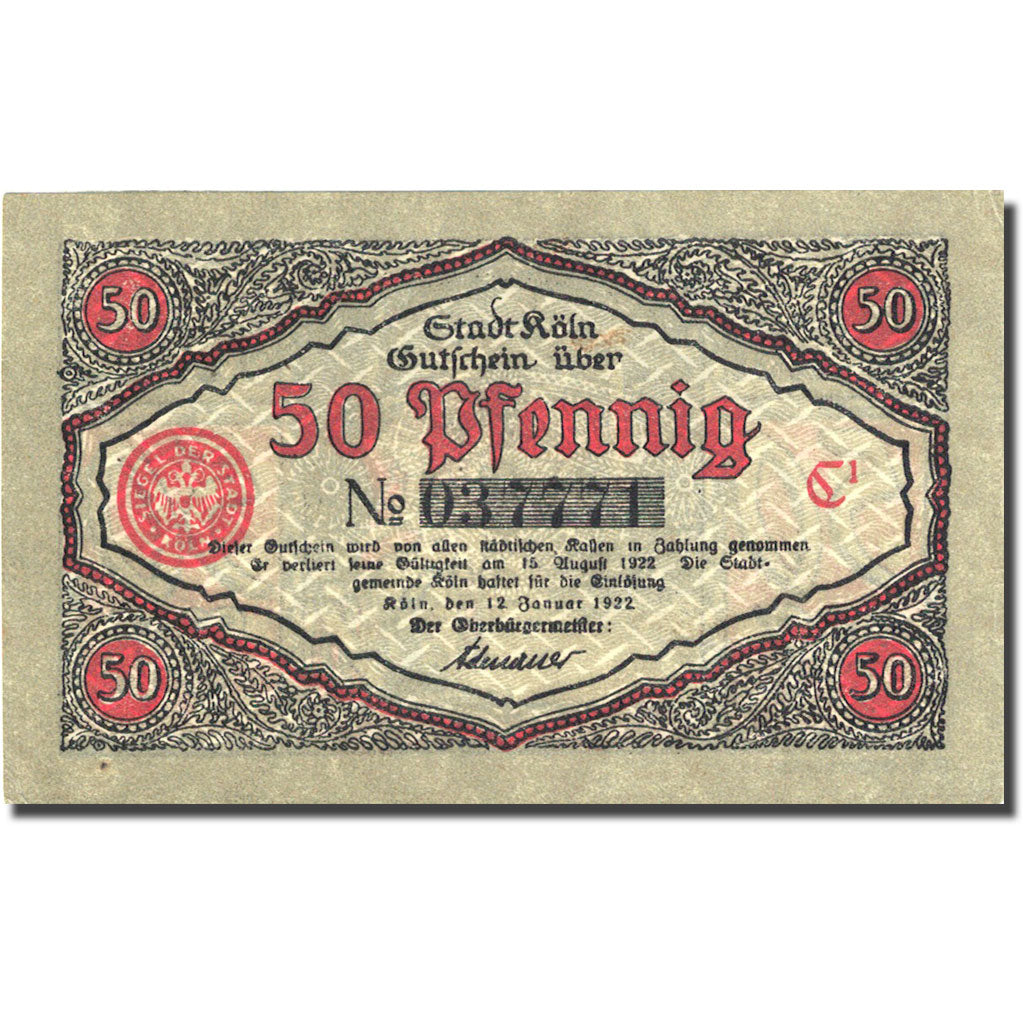 Banknote, Germany, Köln, 50 Pfennig personnage 1922-01-12 UNC(63) Mehl 717.1