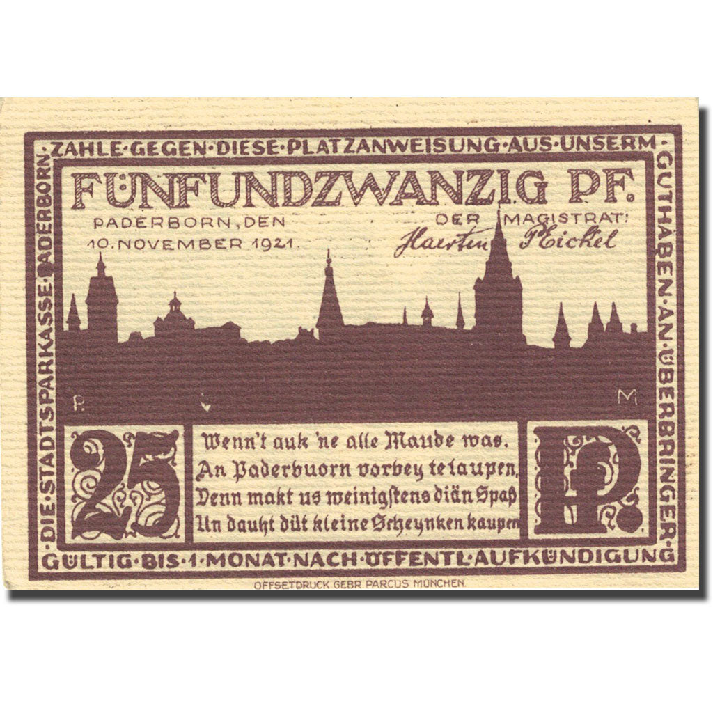 Banknote, Germany, Paderborn, 25 Pfennig, village 1921 UNC(60-62) Mehl 1043.6