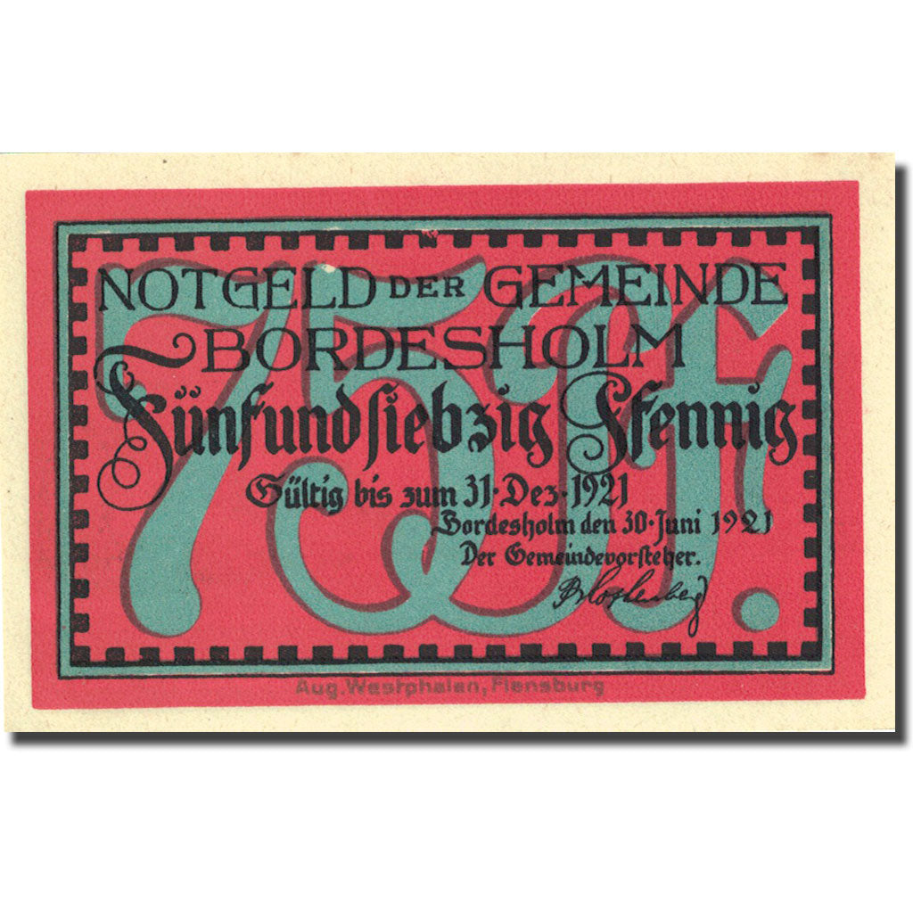 Billet, Allemagne, Bordesholm, 75 Pfennig, Eglise, 1921-12-31, SPL Mehl 144.2