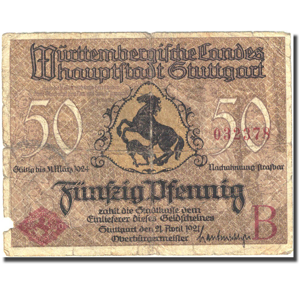 Banknote, Germany, Stuttgart, 50 Pfennig, Monument 1921 VF(20-25) Mehl 1289.1
