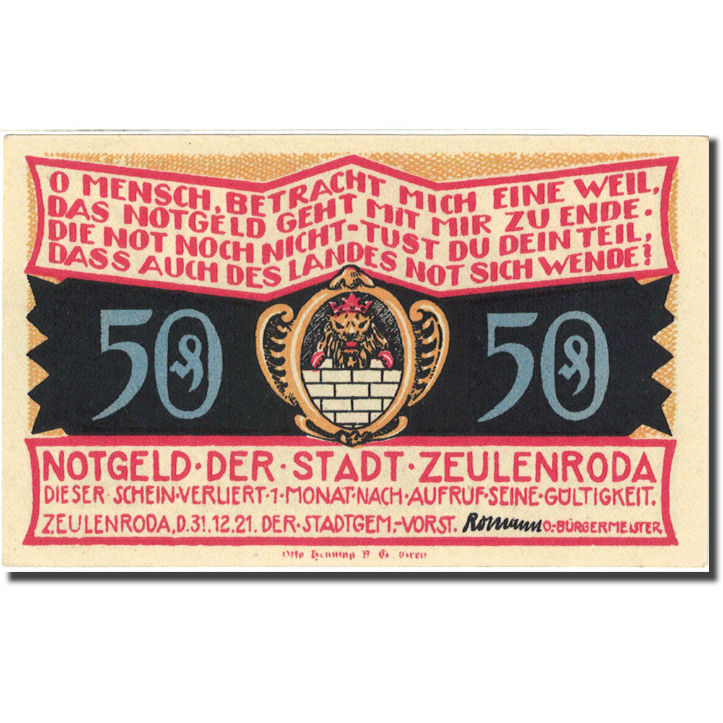 Billet, Allemagne, Zeulenroda, 50 Pfennig, arbre, 1921-11-01, SPL Mehl 1470.1