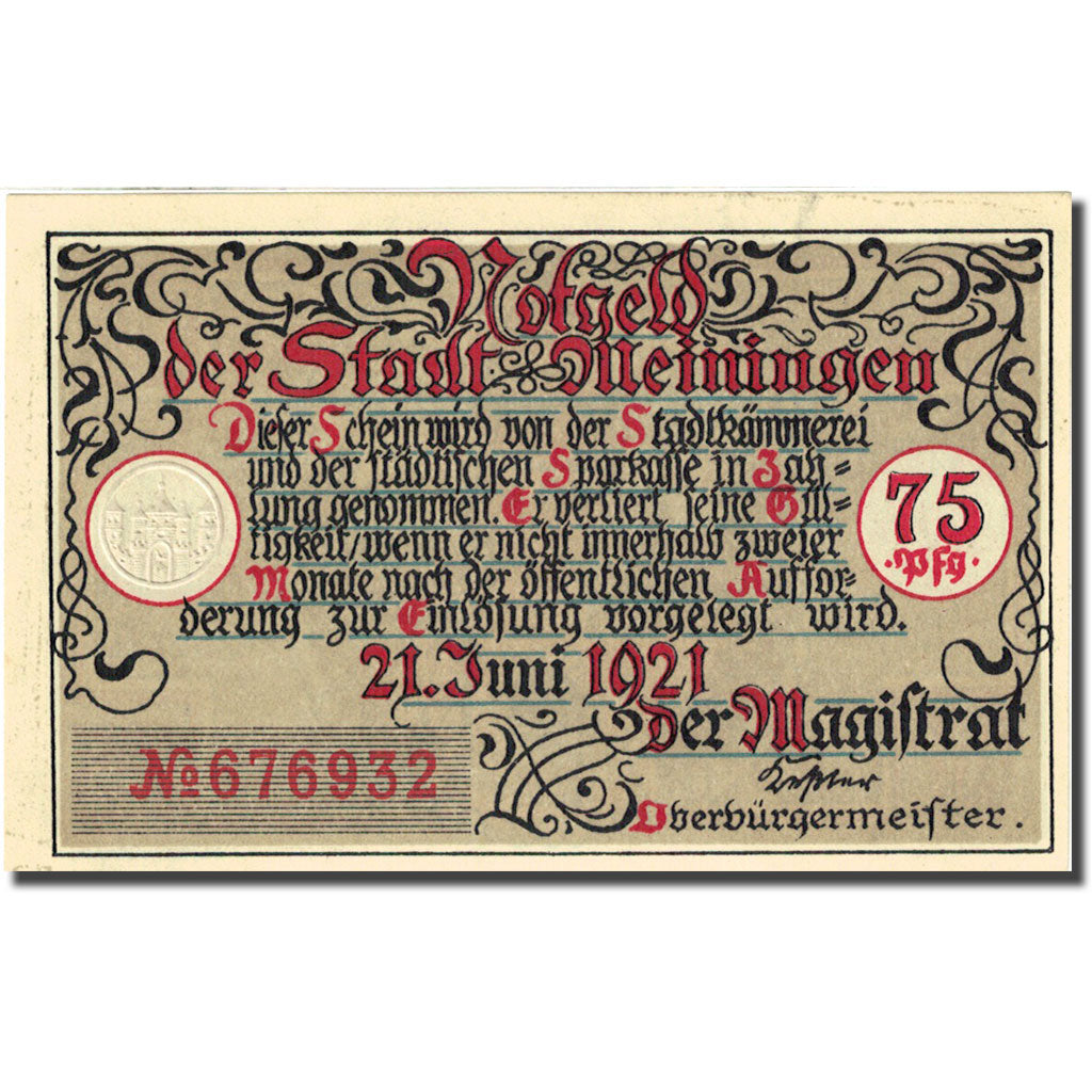 Banknote, Germany, Meiningen, 75 Pfennig, ferme 1921-06-21 UNC(63) Mehl 877.2