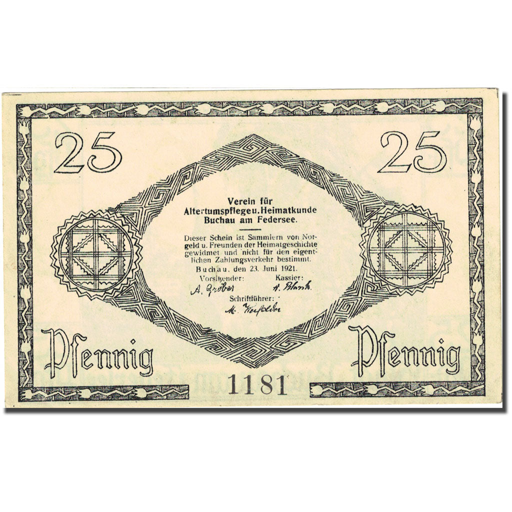 Biljet, Duitsland, Buchau am Federsee 25 Pfennig, personnage 1921 SUP Mehl 197.1