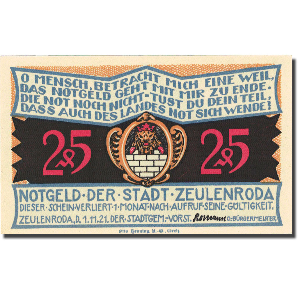 Banknote, Germany, Zeulenroda, 25 Pfennig, Usine 19211 UNC(63) Mehl 1470.1