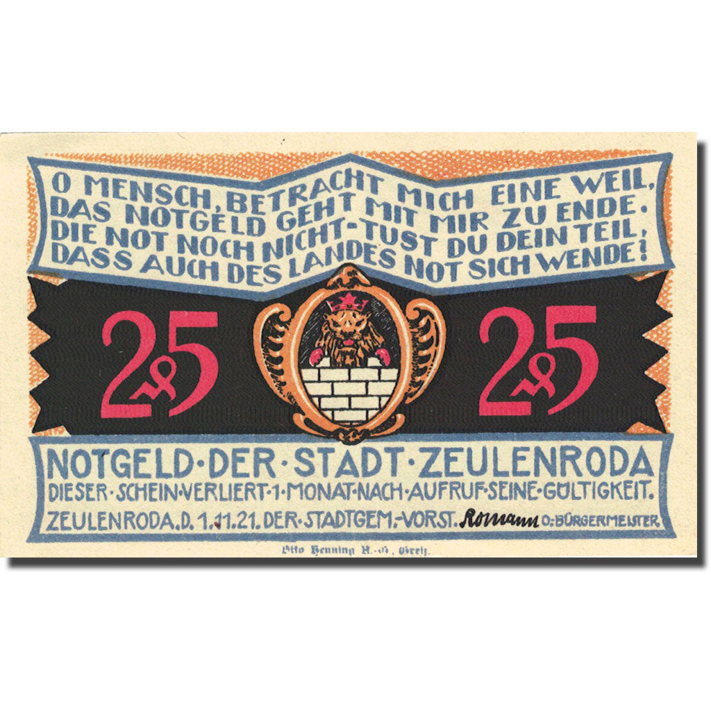 Banknote, Germany, Zeulenroda, 25 Pfennig, pont 1921-11-01, UNC(63) Mehl
