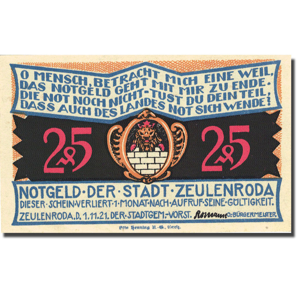 Billet, Allemagne, Zeulenroda, 25 Pfennig, Eglise, 1921-11-01, SPL Mehl 1470.1
