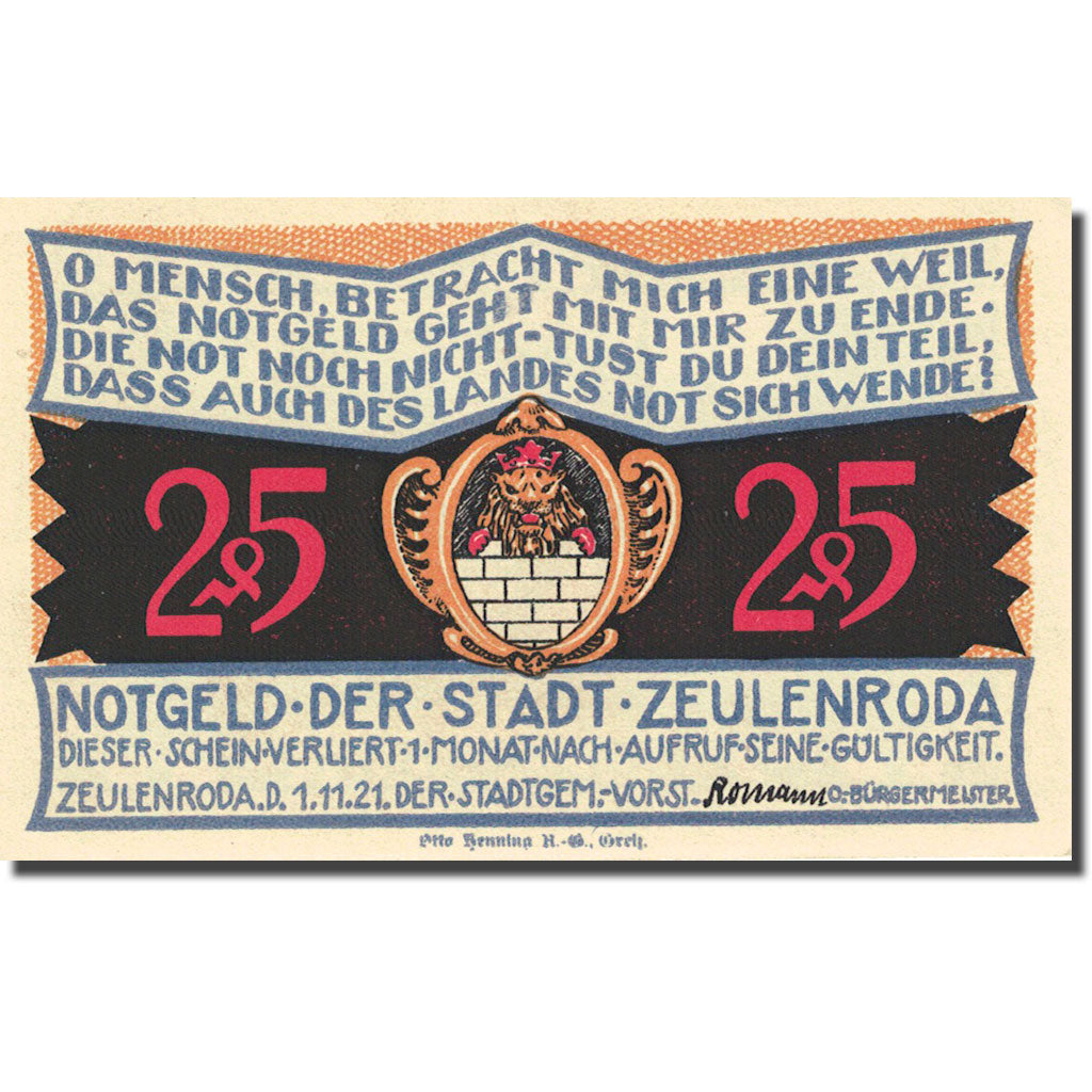 Banknote, Germany, Zeulenroda, 25 Pfennig, Eglise 1, 1921 UNC(63) Mehl 1470.1