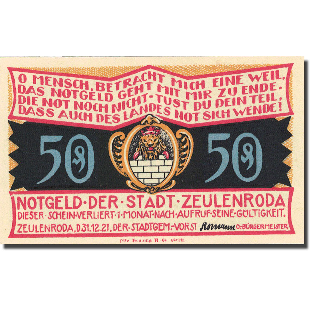 Banknote, Germany, Zeulenroda, 50 Pfennig, Monument, 1921, UNC(63) Mehl 1470.2