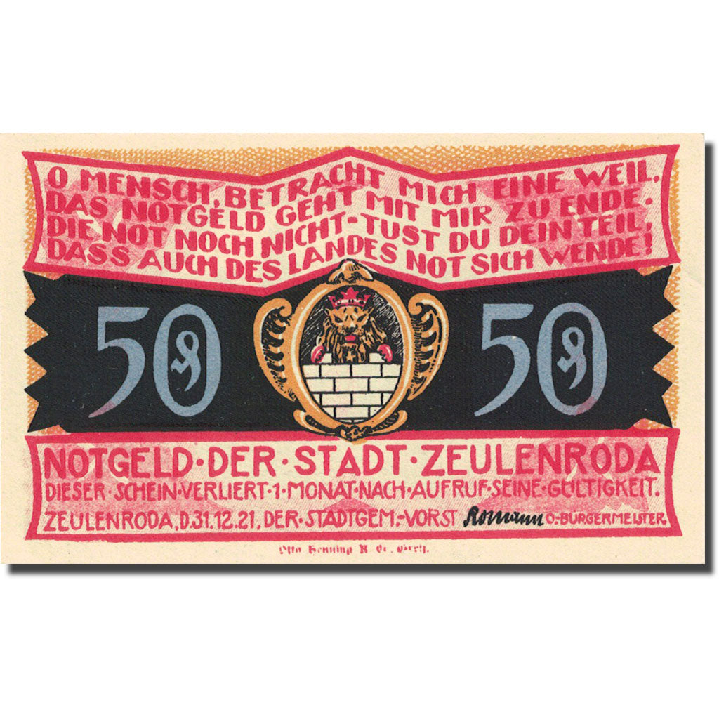 Banknote, Germany, Zeulenroda, 50 Pfennig, Eglise, 1921, UNC(63) Mehl 1470.2