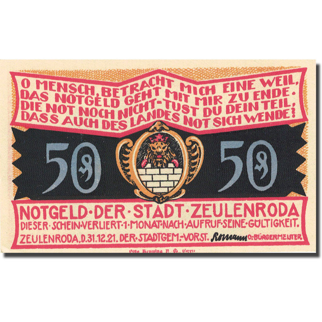 Banknote, Germany, Zeulenroda, 50 Pfennig, ferme 1921-12-31, UNC(63) Mehl 1470.2