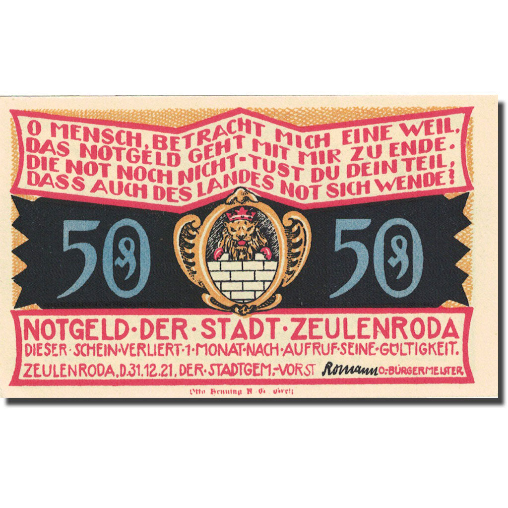 Banknote, Germany, Zeulenroda, 50 Pfennig, arbre, 1921, UNC(63) Mehl 1470.2