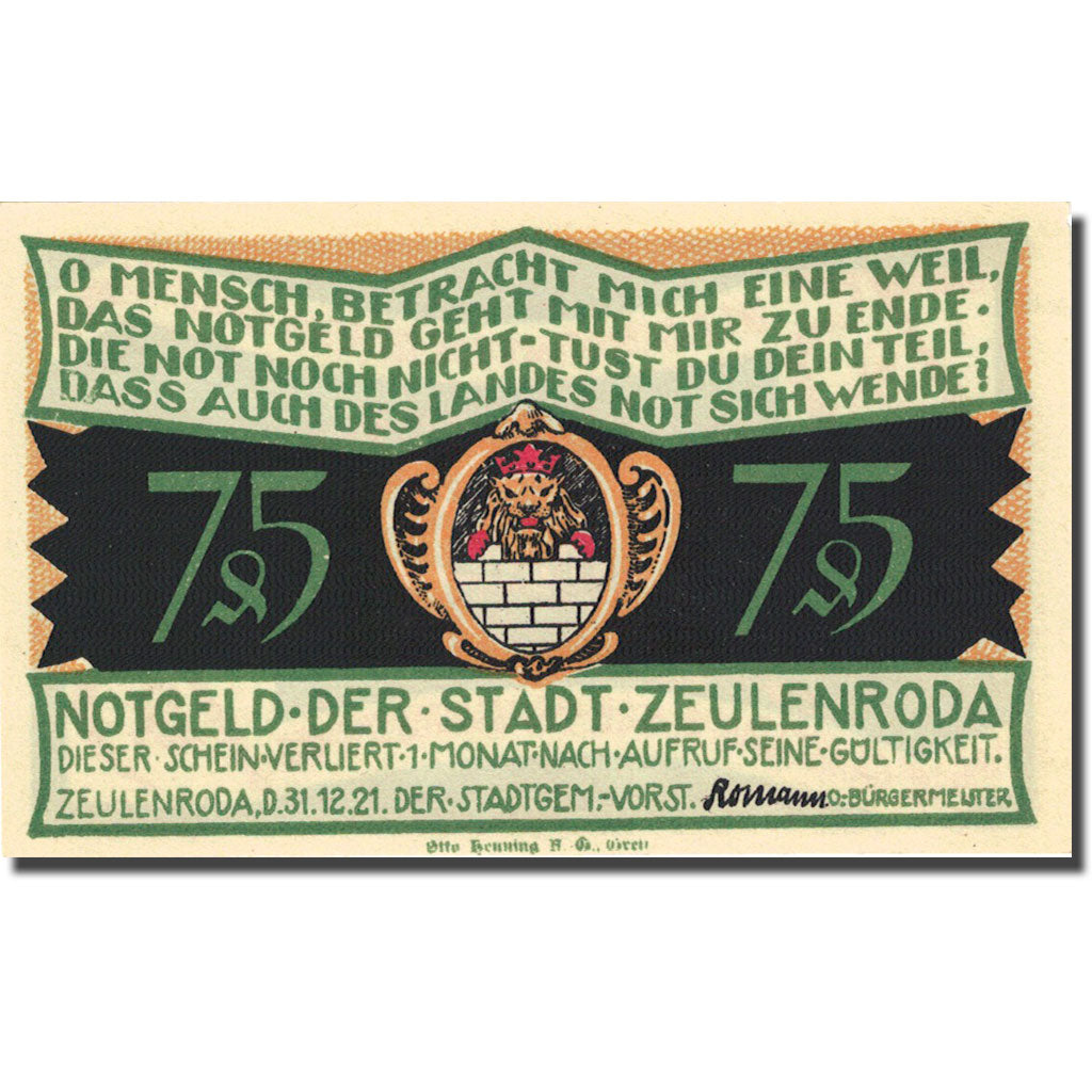 Banknote, Germany, Zeulenroda, 75 Pfennig, Incendie, 1921, UNC(63) Mehl 1470.2