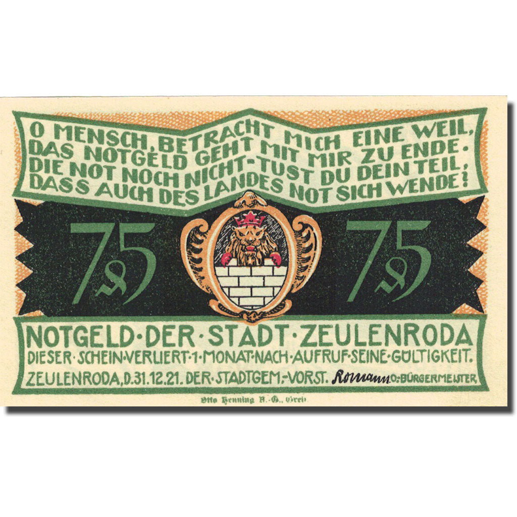 Banknote, Germany, Zeulenroda, 75 Pfennig, personnage, 1921 UNC(63) Mehl 1470.2