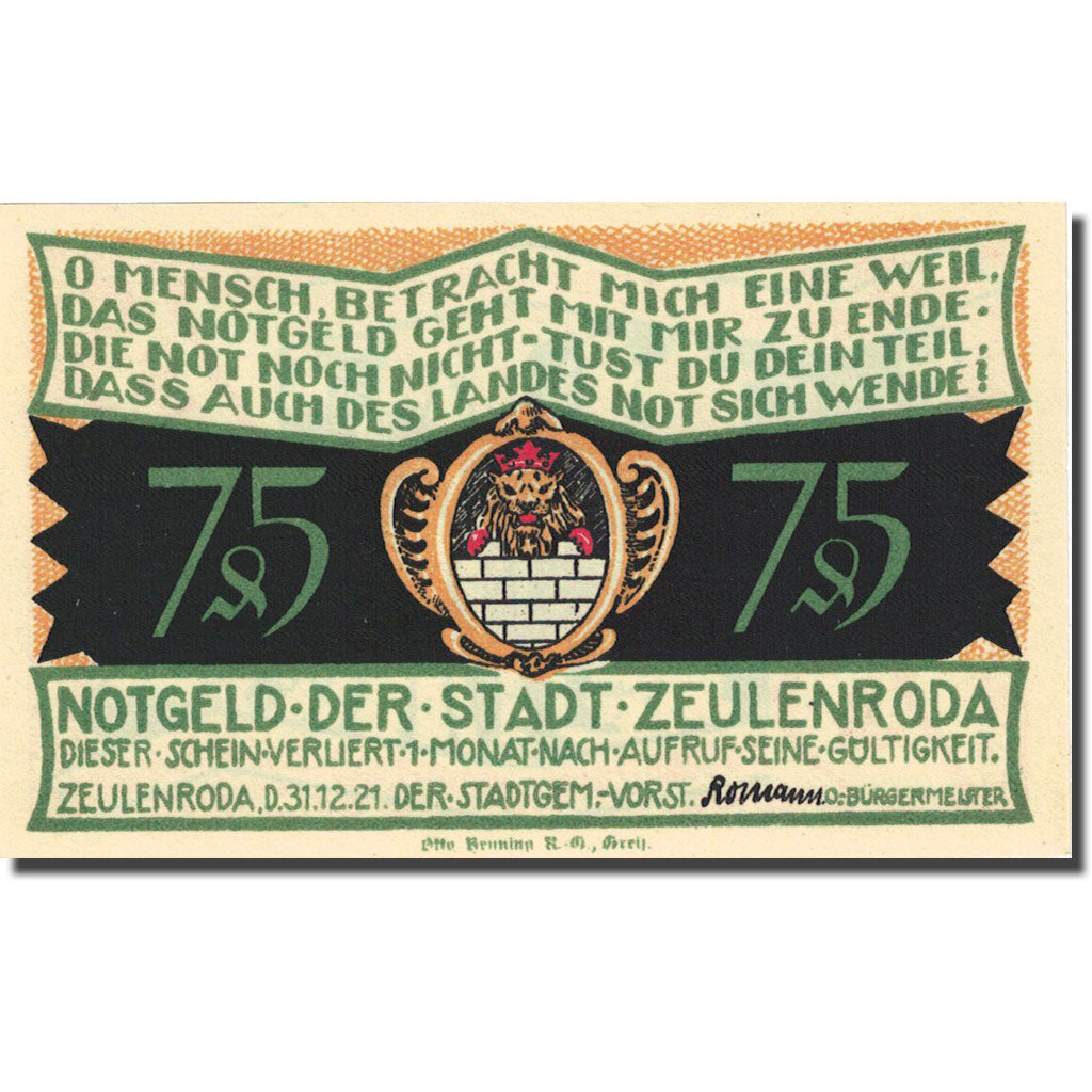 Banconote, Germania, Zeulenroda, 75 Pfennig, personnage 1, 1921 SPL Mehl 1470.2