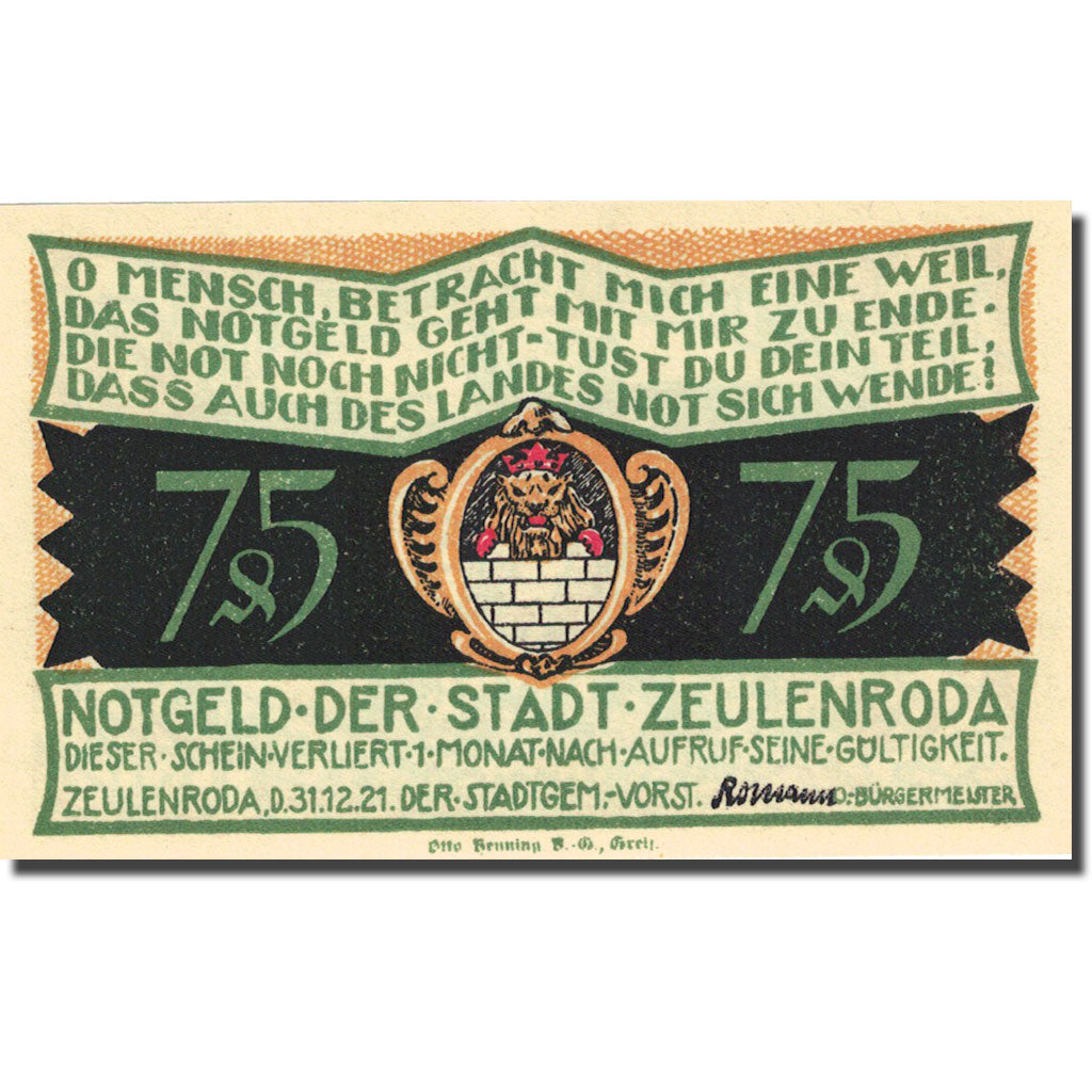 Banknote, Germany, Zeulenroda 75 Pfennig, personnage 2, 1921 UNC(63) Mehl 1470.2