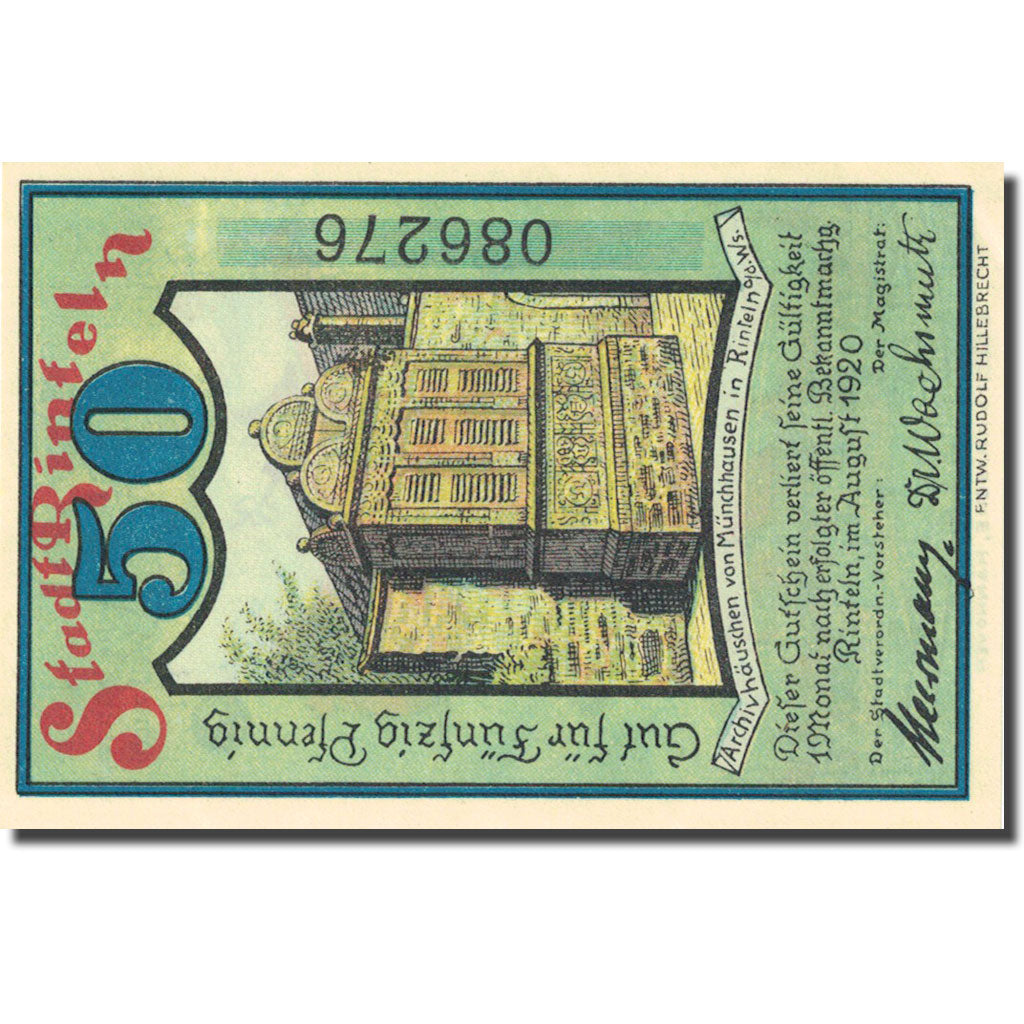 Banknote, Germany, Rinteln, 50 Pfennig, Monument, 1920, UNC(63), Mehl:1125.1a