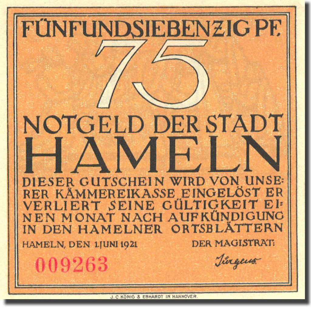 Banknote Germany Hameln 75 Pfennig personnage 2, 1921 orange UNC(63) Mehl 566.1a
