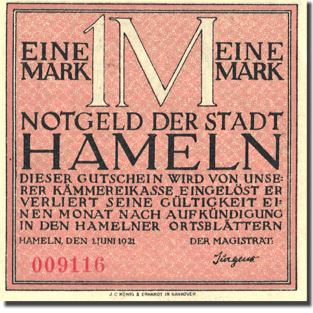 Banknote, Germany, Hameln, 1 Mark, personnage 3, 1921 pink UNC(63) Mehl 566.1a
