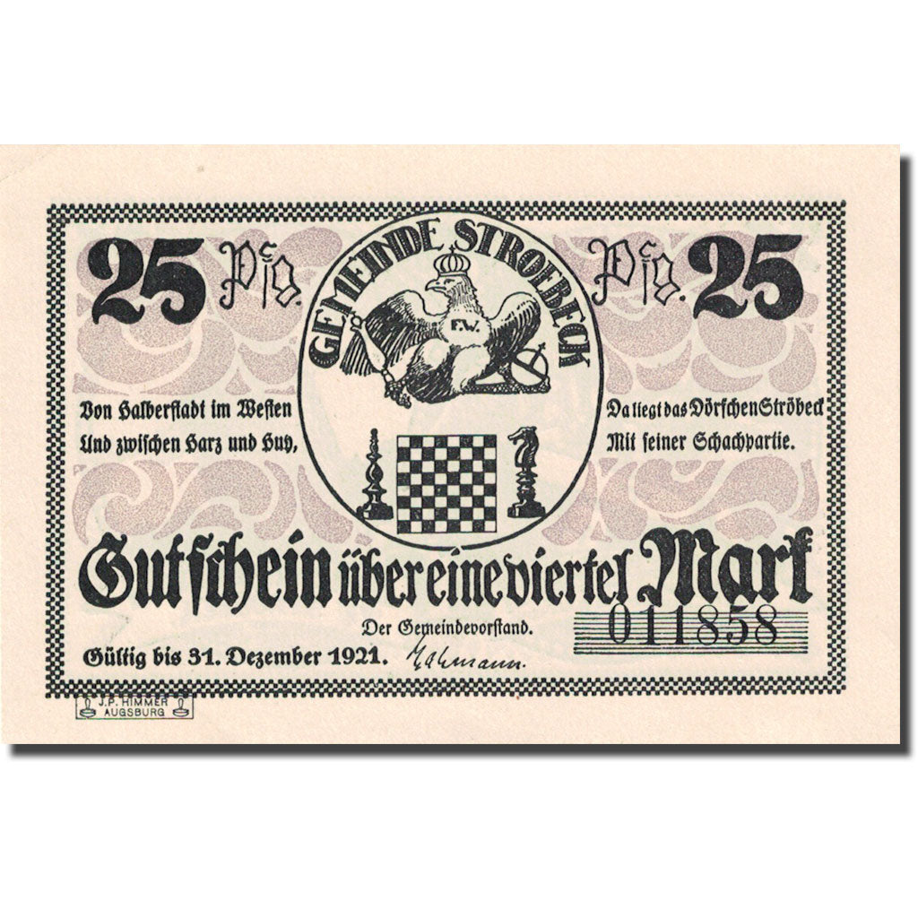 Banknote, Germany, Stroebeck, 25 Pfennig, chevalier, 1921 UNC(63) Mehl 1285.1a