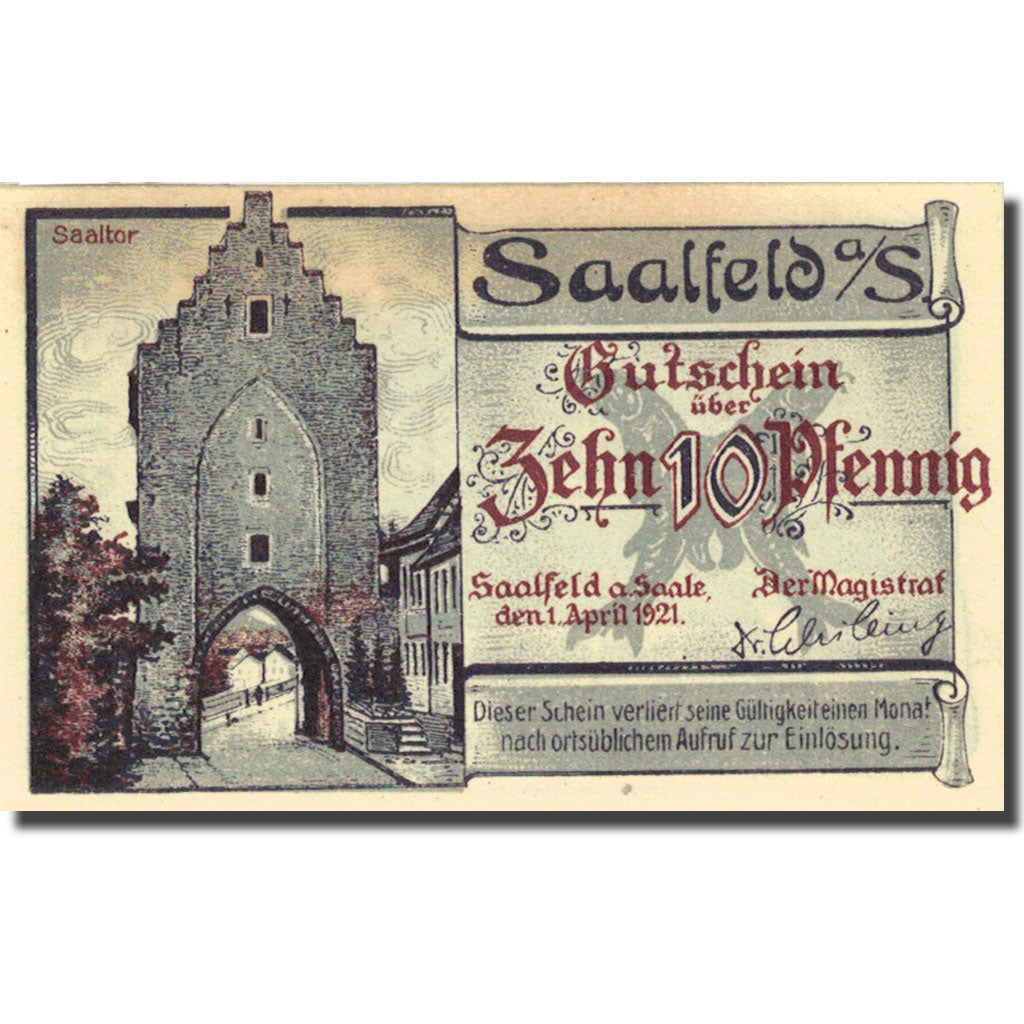 Banknote, Germany, Saalfeld, 10 Pfennig, pont 1921-04-01 UNC(63) Mehl 1155.1a