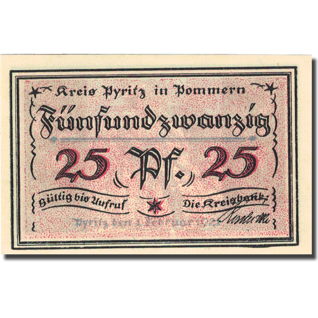 Banknote, Germany, Pyritz, 25 Pfennig, personnage, 1921 UNC(63) Mehl 1082.1a