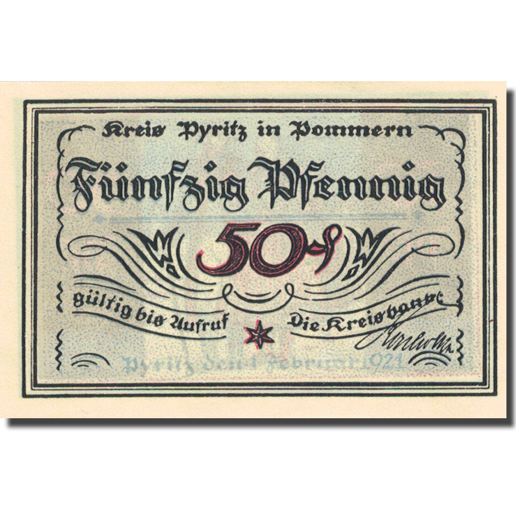 Banknote, Germany, Pyritz, 50 Pfennig, personnage 1, 1921 UNC(63) Mehl 1082.1a