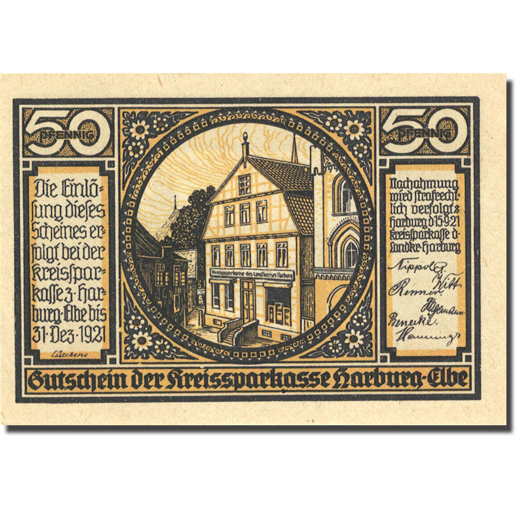 Banknote, Germany, Harburg, 50 Pfennig, bateau, 1921 UNC(63) Mehl 580.1a