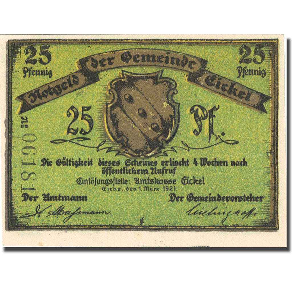 Banknote, Germany, Eickel, 25 Pfennig, château, 1921 UNC(63) Mehl 314.1a