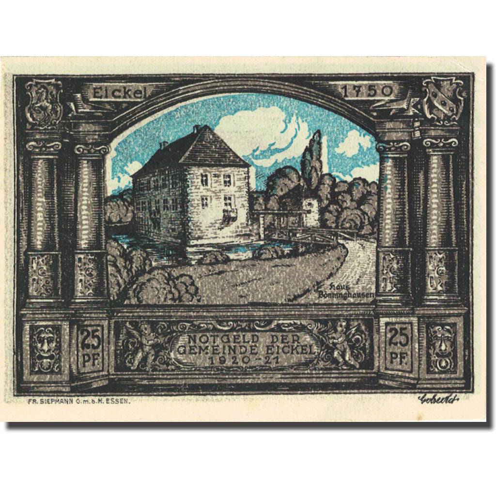 Banknote, Germany, Eickel, 25 Pfennig, château, 1921 UNC(63) Mehl 314.1a