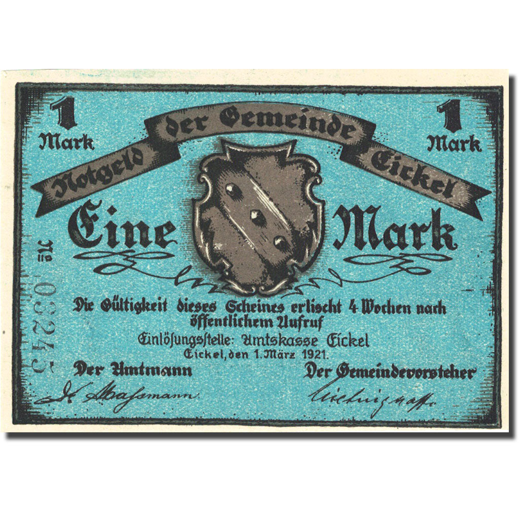 Banknote, Germany, Eickel, 1 Mark, personnage, 1921 UNC(63) Mehl 314.1a