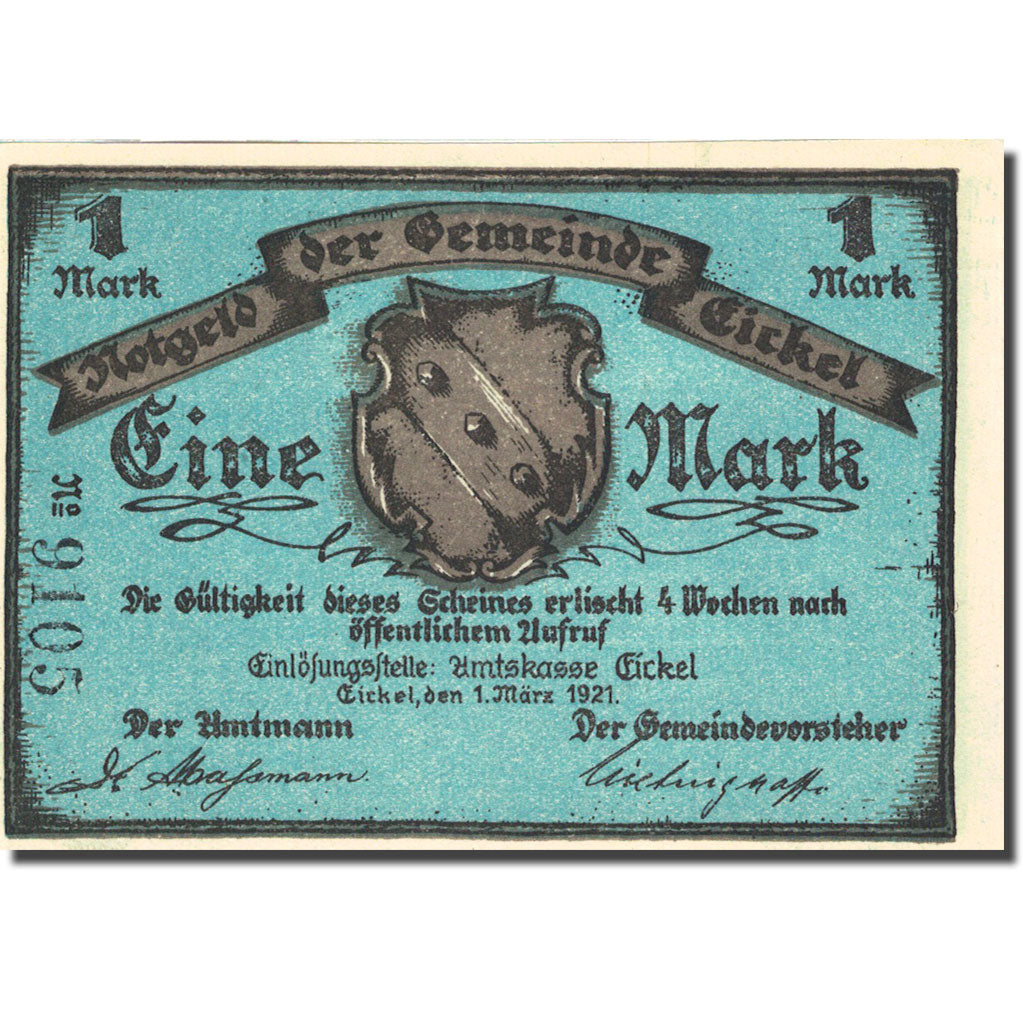 Banknote, Germany, Eickel, 1 Mark, Eglise, 1921 UNC(63) Mehl 314.1a