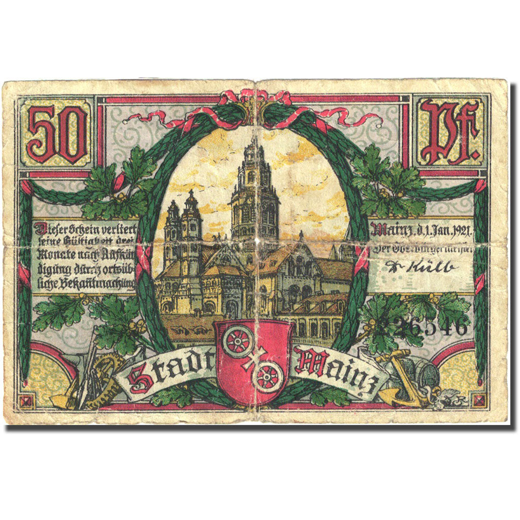 Banknote, Germany, Mainz, 50 Pfennig, monument 1, 1921 VG(8-10) Mehl 860.1a