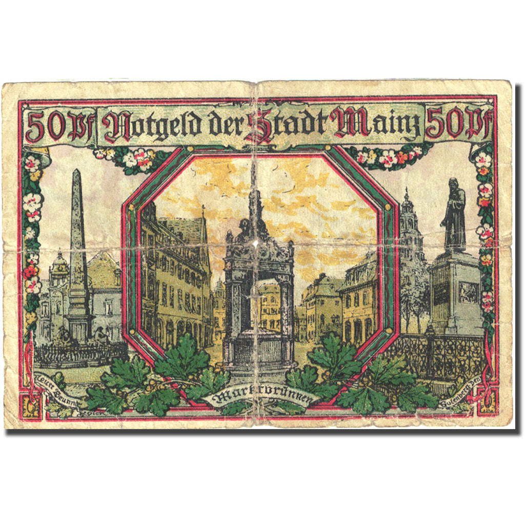 Banknote, Germany, Mainz, 50 Pfennig, monument 1, 1921 VG(8-10) Mehl 860.1a