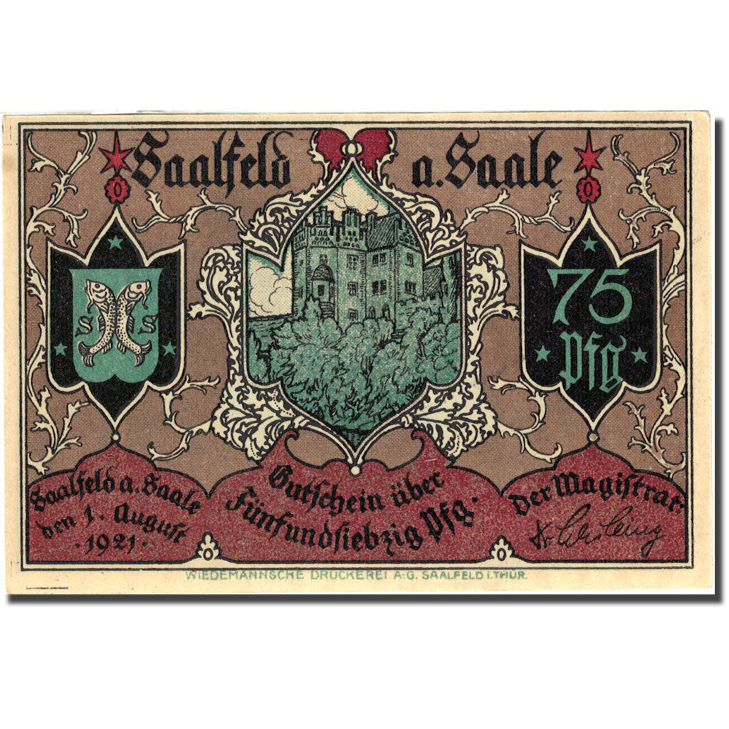 Banknote, Germany, Saalfeld, 75 Pfennig, château, 1921 UNC(63) Mehl 1155.5b