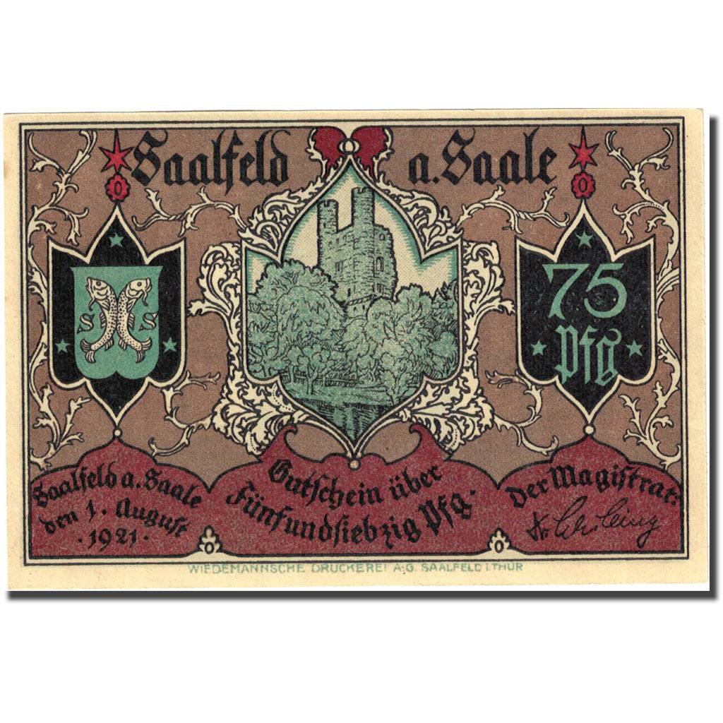 Banknote, Germany, Saalfeld, 75 Pfennig, chateau 1, 1921 UNC(63) Mehl 1155.5b