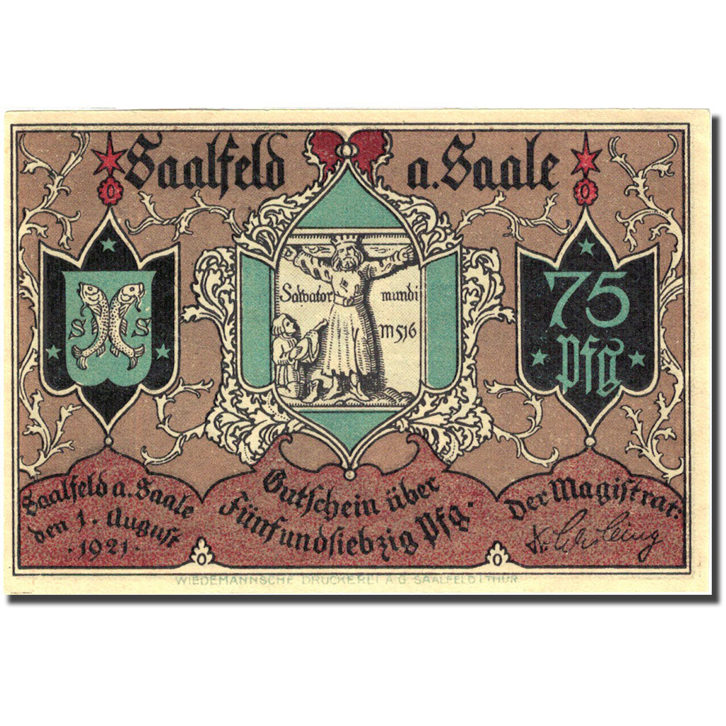 Banknote, Germany, Saalfeld, 75 Pfennig, Eglise, 1921 UNC(63) Mehl 1155.5b