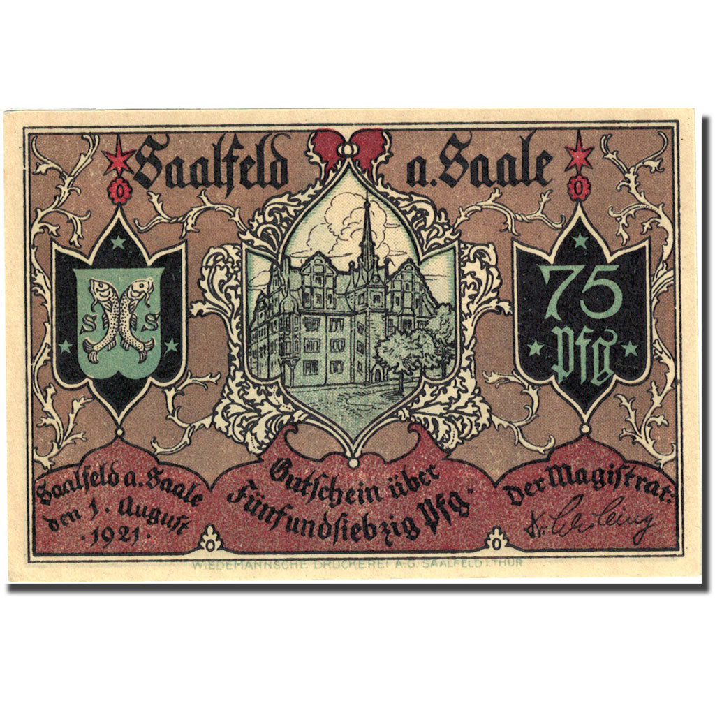 Banknote, Germany, Saalfeld, 75 Pfennig, Eglise 1, 1921 UNC(63) Mehl 1155.5b
