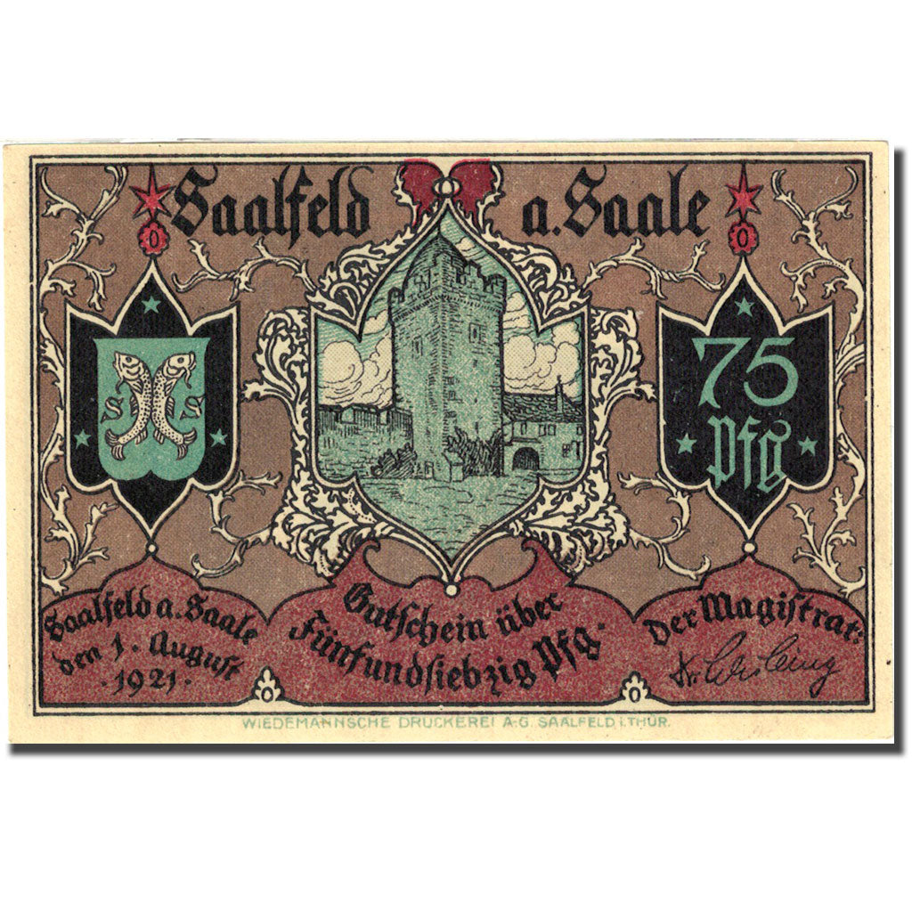 Banknote, Germany, Saalfeld, 75 Pfennig, château 2, 1921, UNC(63) Mehl 1155.5b