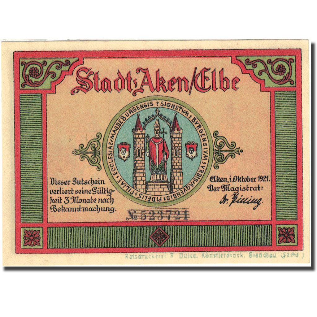 Banknote, Germany, Aken, 50 Pfennig, château 1, 1921, UNC(63), Mehl:8.1