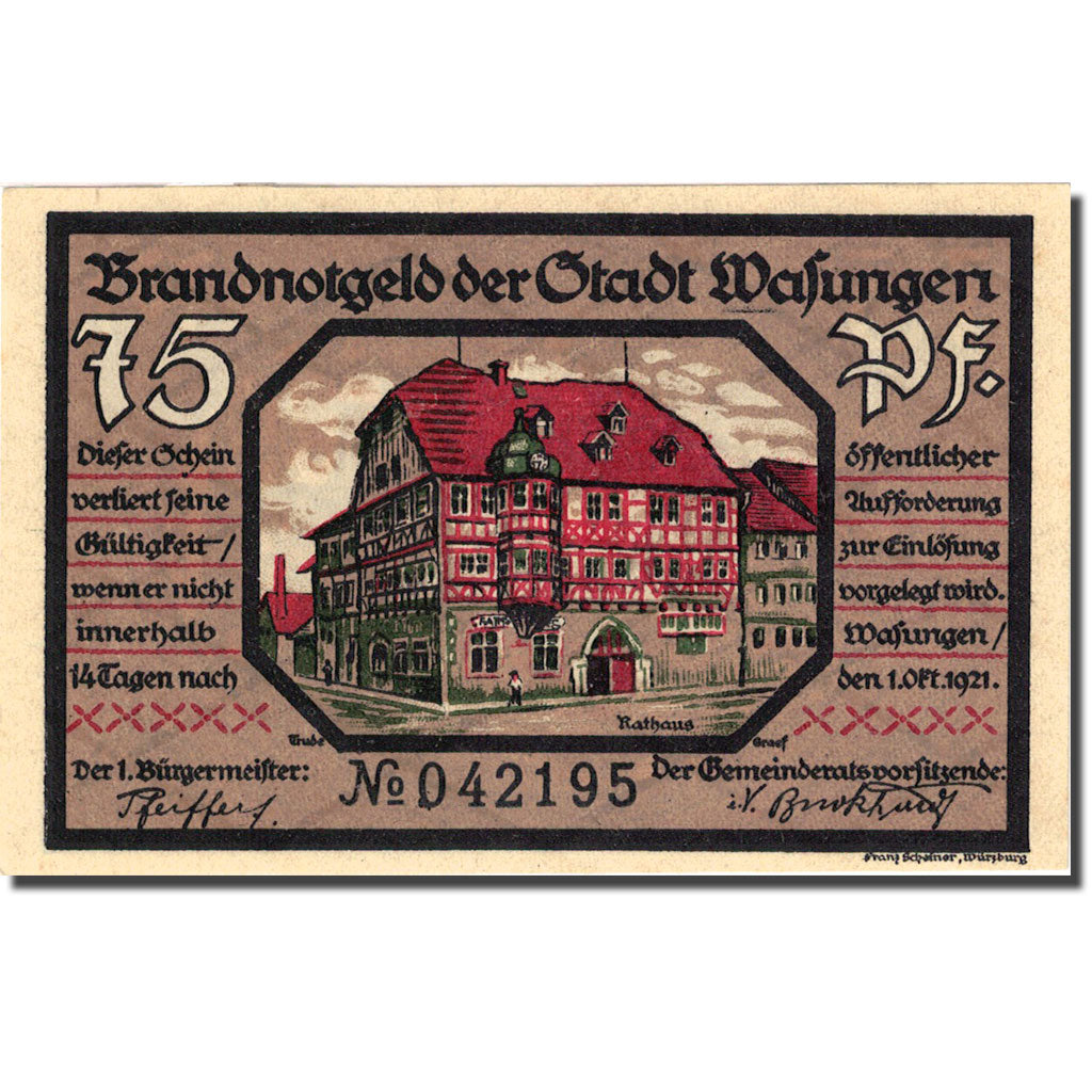 Banknote, Germany, Wasungen, 75 Pfennig, Incendie 1921-10-01 UNC(63) Mehl 1384.1