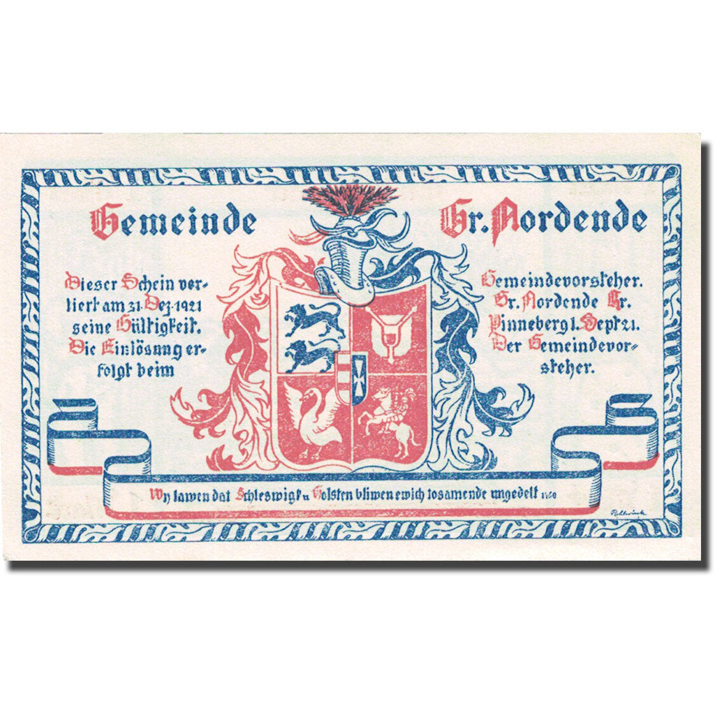Geldschein, Deutschland, Gross Nordende, 1 Mark, animaux 2, 1921 UNZ Mehl 484.1a