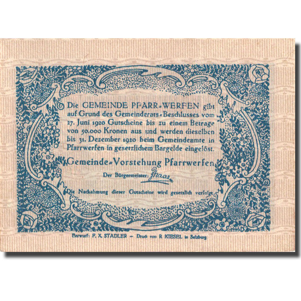 Banknote, Austria, Pfarrwerfen, 50 Heller, chalet, 1920, 1920-06-27, UNC(63)