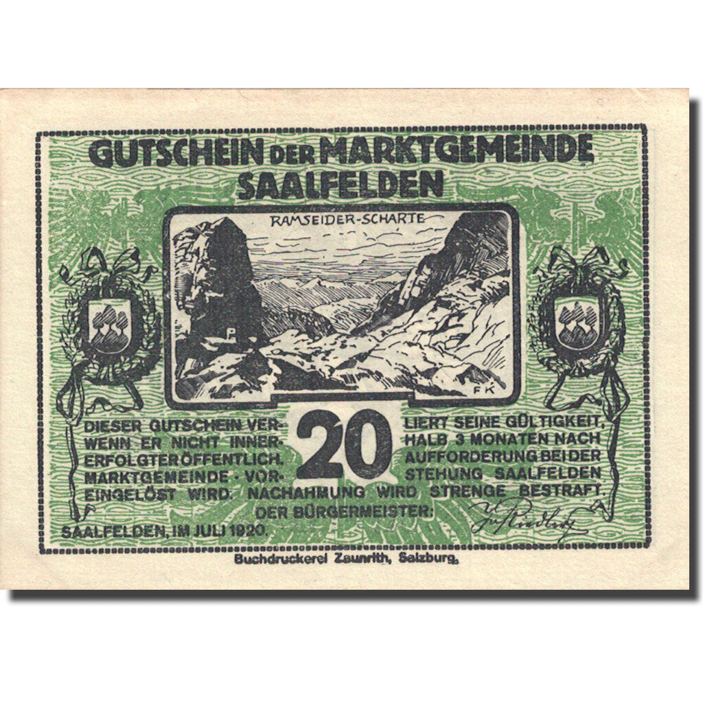 Banknote, Austria, Saalfelden, 20 Heller, personnage 1, 1920 green UNC(63)
