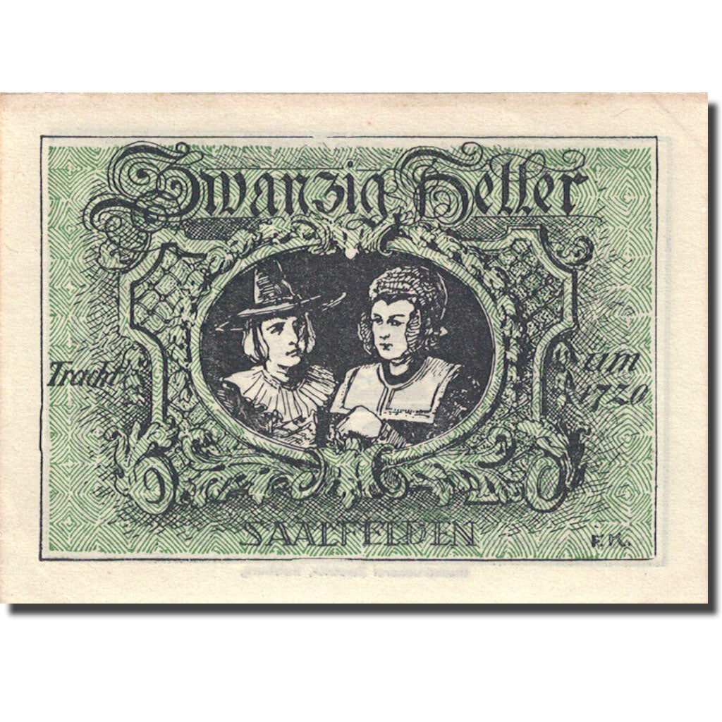 Banknote, Austria, Saalfelden, 20 Heller, personnage 1, 1920 green UNC(63)