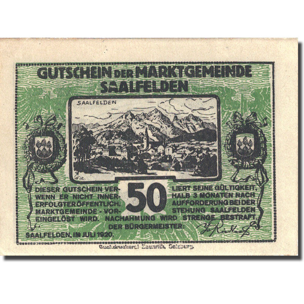 Banknote, Austria, Saalfelden, 50 Heller, personnage 3, 1920 green UNC(63)