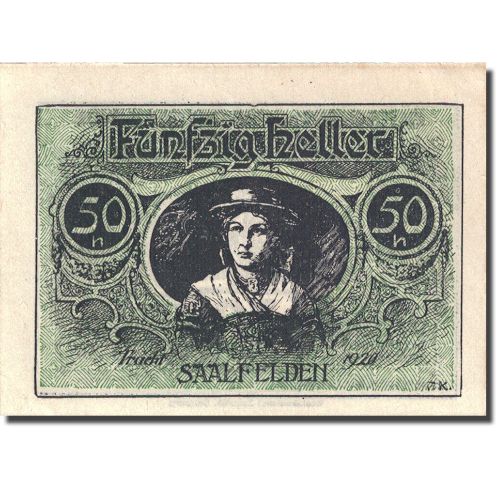 Banknote, Austria, Saalfelden, 50 Heller, personnage 3, 1920 green UNC(63)